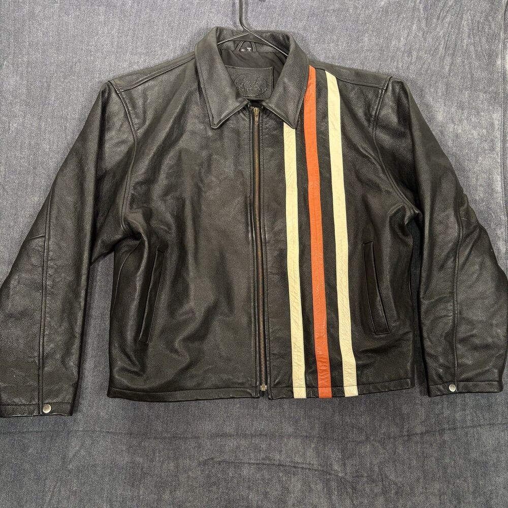 Geek Squad Anniversary Leather Jacket Mens XL Black Orange Moto Biker Striped
